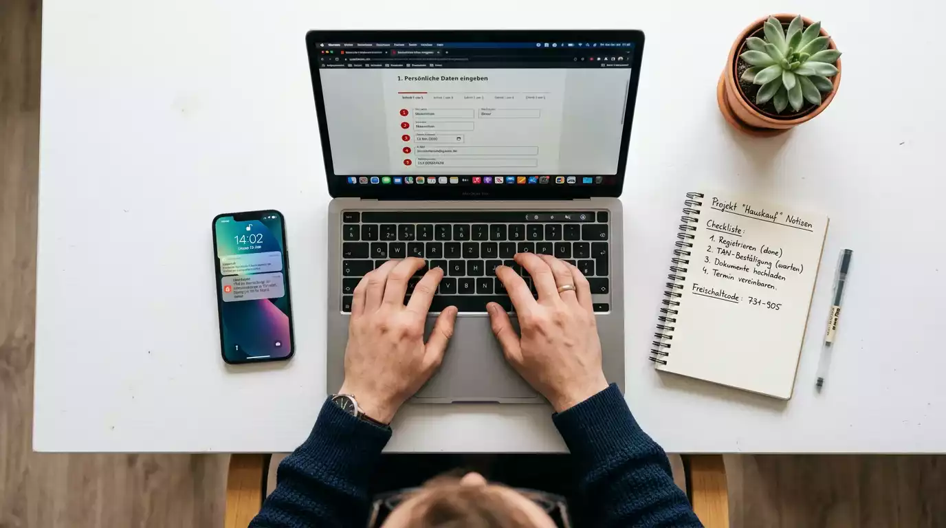 Casino-Einzahlung per Banküberweisung – Person am Laptop bestätigt Online-Banking-Transaktion