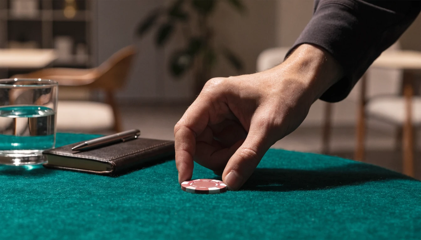 Casino-Chip auf grünem Filz neben Notizbuch in modernem Wohnzimmer