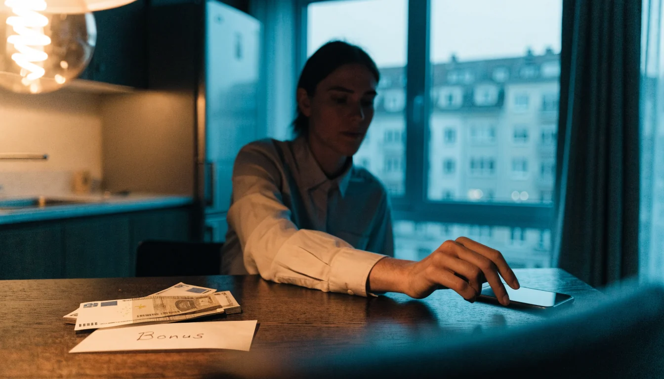 Abendlicher Schreibtisch mit umgedrehtem Smartphone und Euro-Scheinen als Bonus-Symbol