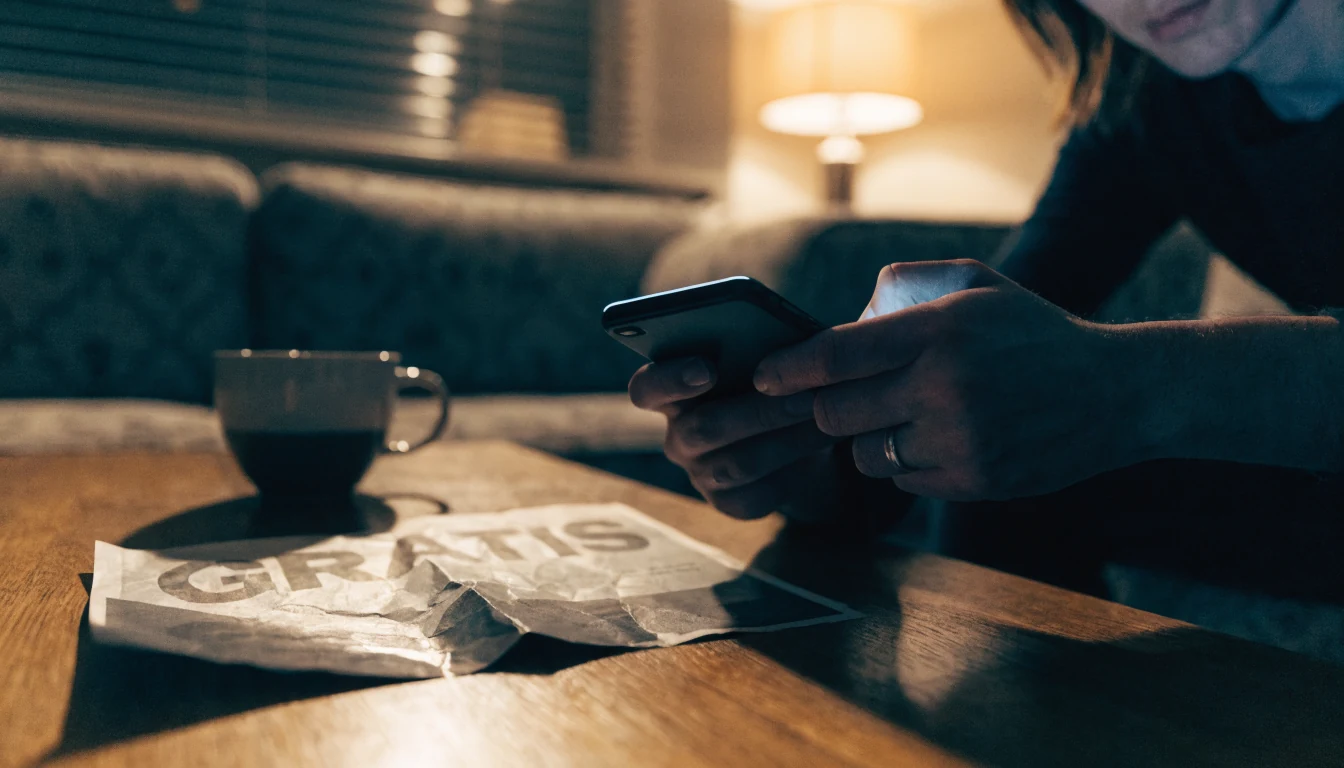 Hände halten Smartphone nachts, Werbeflyer mit Gratis-Versprechen auf dem Tisch