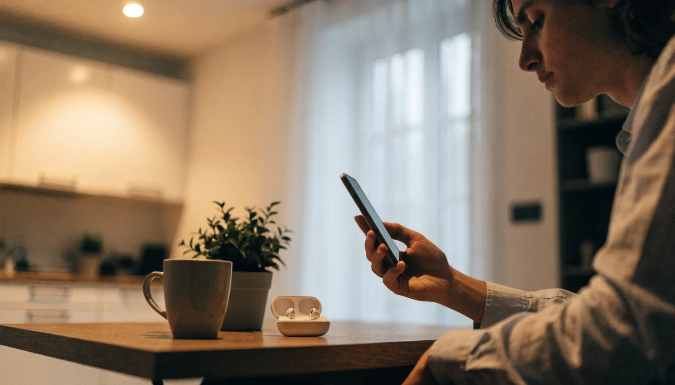 Person betrachtet Smartphone am Schreibtisch mit Kaffeetasse und Kopfhörern.