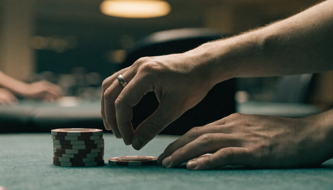 Hände setzen einen einzelnen Spielchip neben einen Stapel Chips auf grünem Filz.