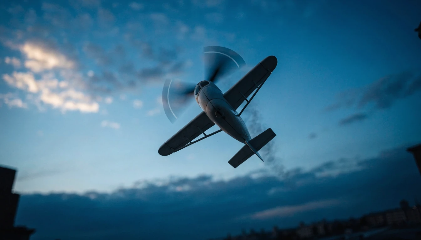 Spielzeugpropellerflugzeug im Steigflug vor dämmerigem Himmel, Nahaufnahme von unten.