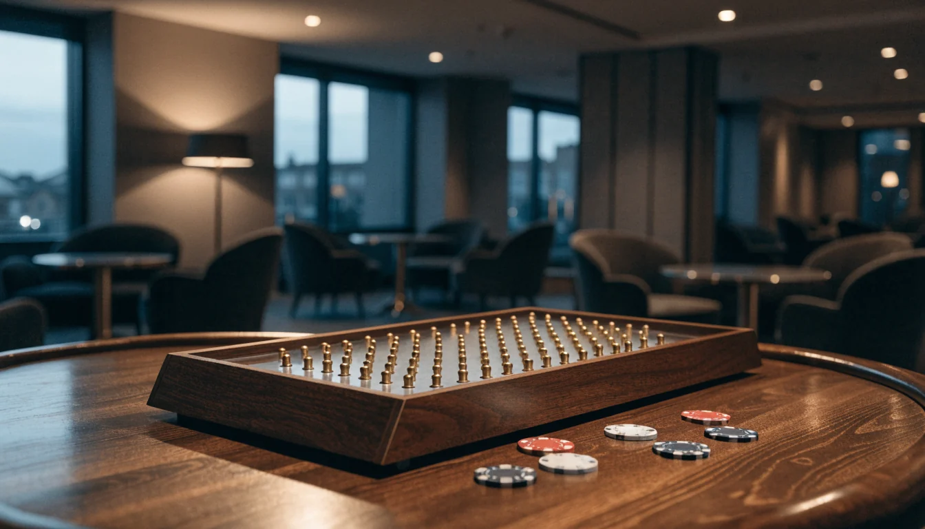 Modernes Casino-Interieur mit Plinko-Brett und Spielchips auf einem Tisch