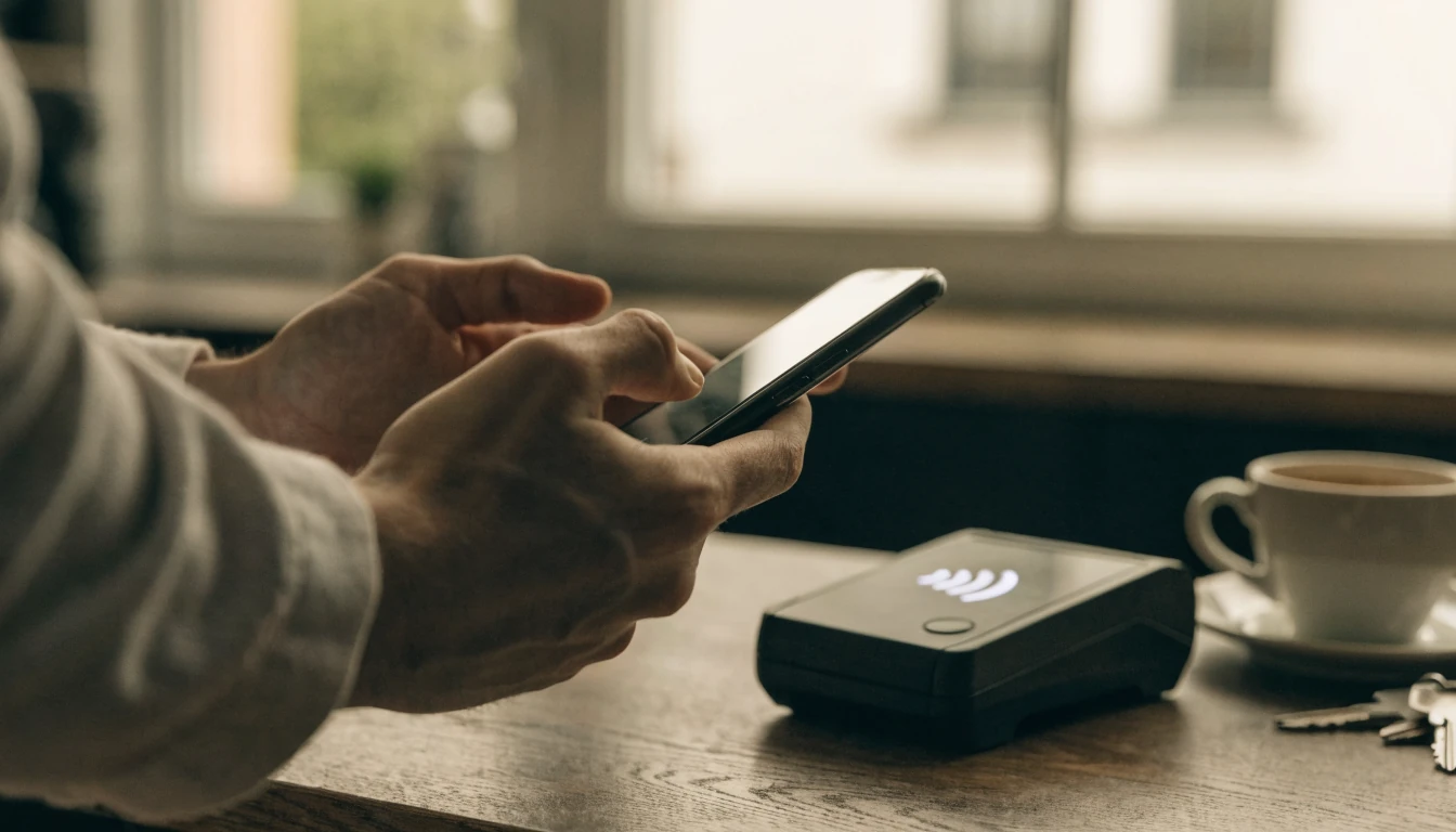 Hände halten Smartphone neben Kartenzahlungsgerät in einer Küche