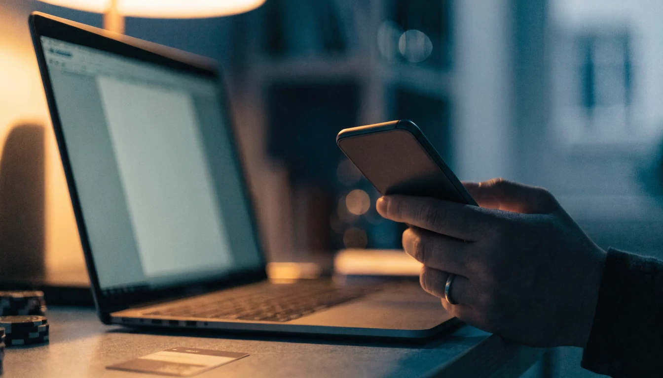 Hand mit Smartphone neben Laptop und Casino-Chips auf Schreibtisch