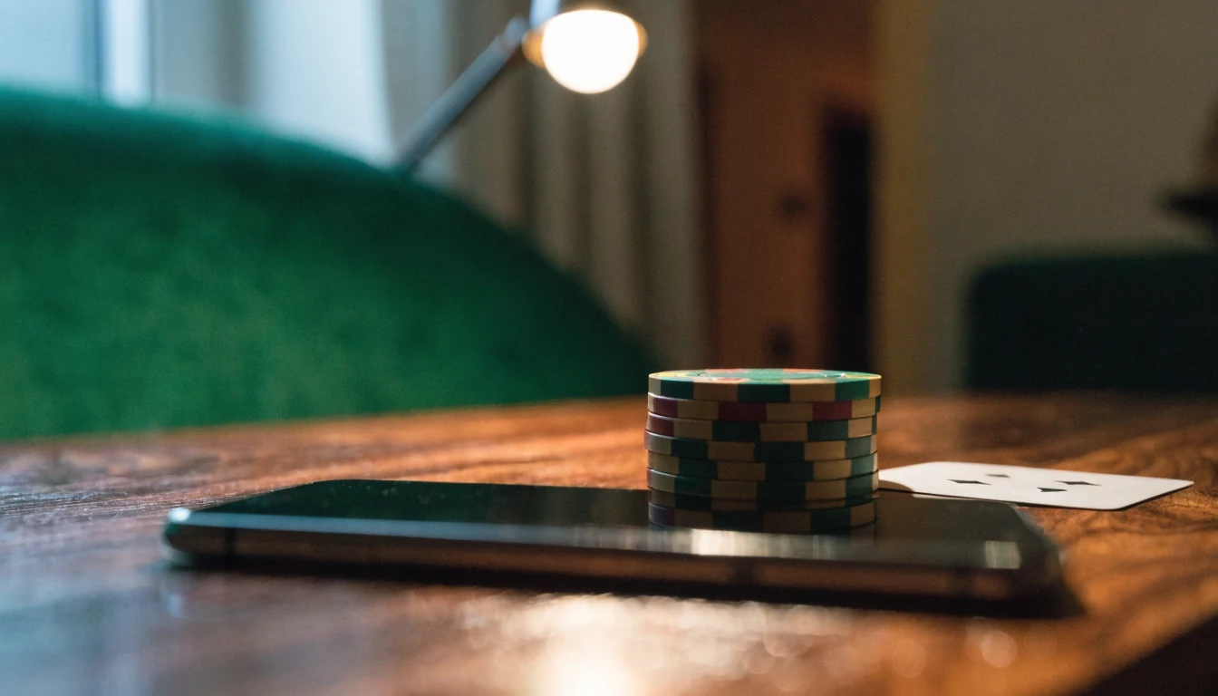 Smartphone mit Casino-Chips und Spielkarte auf einem Holztisch bei gedämpftem Licht