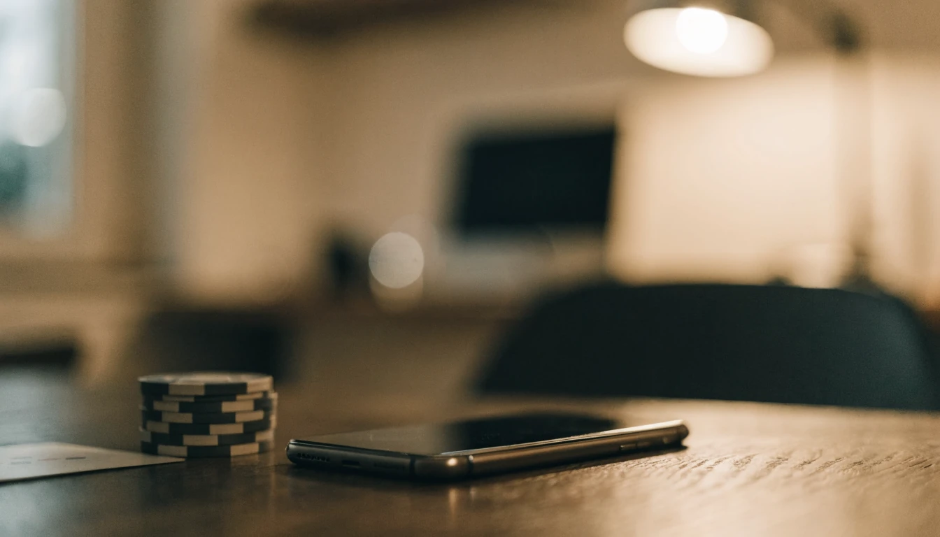 Smartphone mit Casino-Chips auf dem Tisch