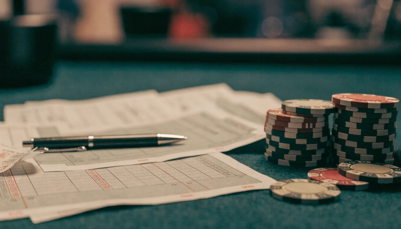 Casino-Chips und Steuerunterlagen auf grünem Filztisch
