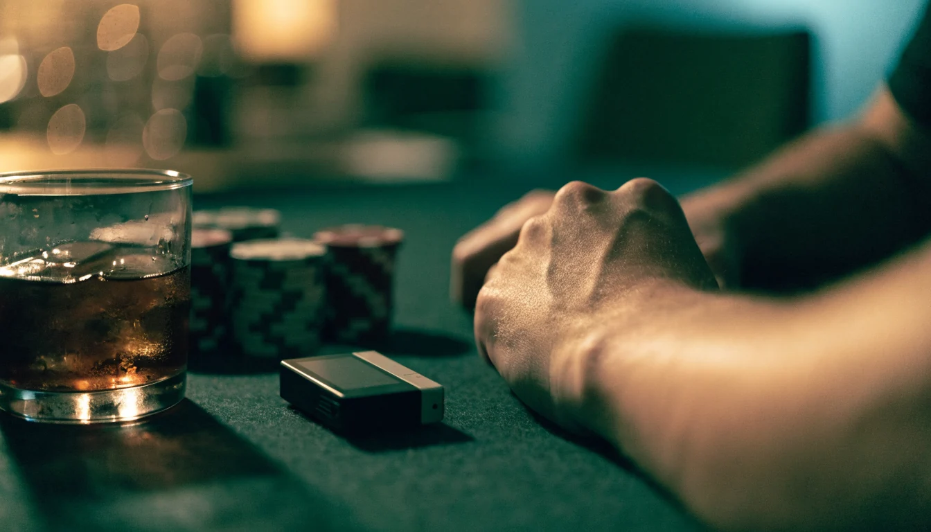 Casino-Chips und Hardware-Wallet auf filzartiger Oberfläche