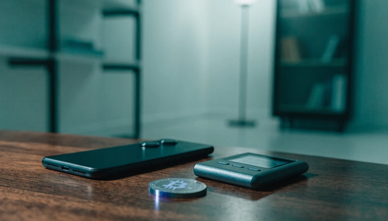 Smartphone und Hardware-Wallet auf Schreibtisch, dezentes Crypto-Token daneben.