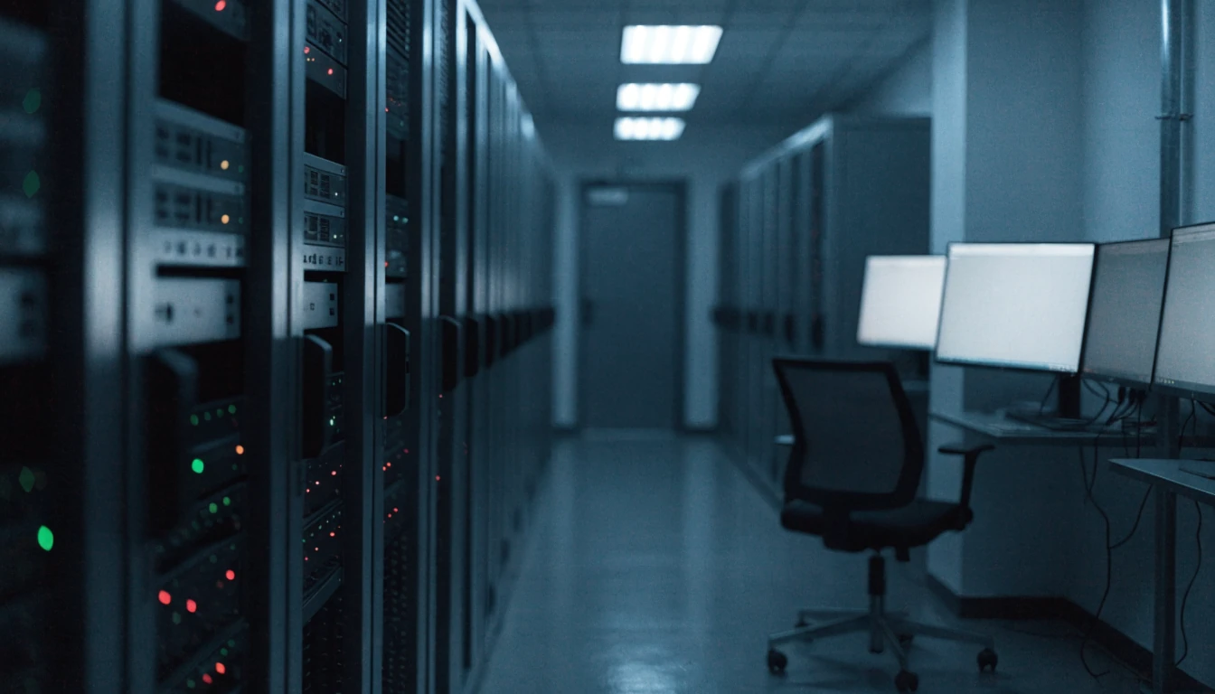 Ein dunkler Serverraum mit blinkenden Racks und verlassenem Arbeitsplatz.