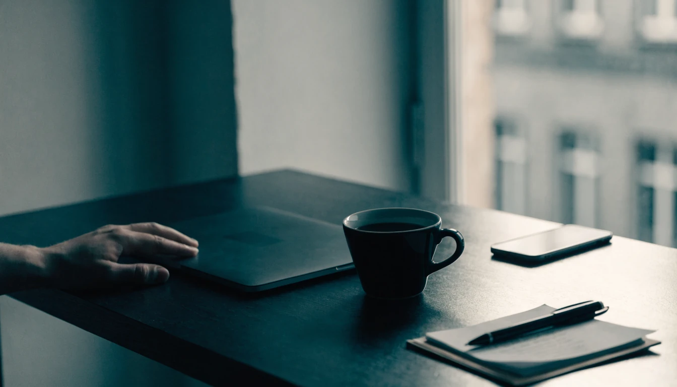 Hand neben zugeklapptem Laptop auf Schreibtisch mit Kaffeetasse und Notizblock